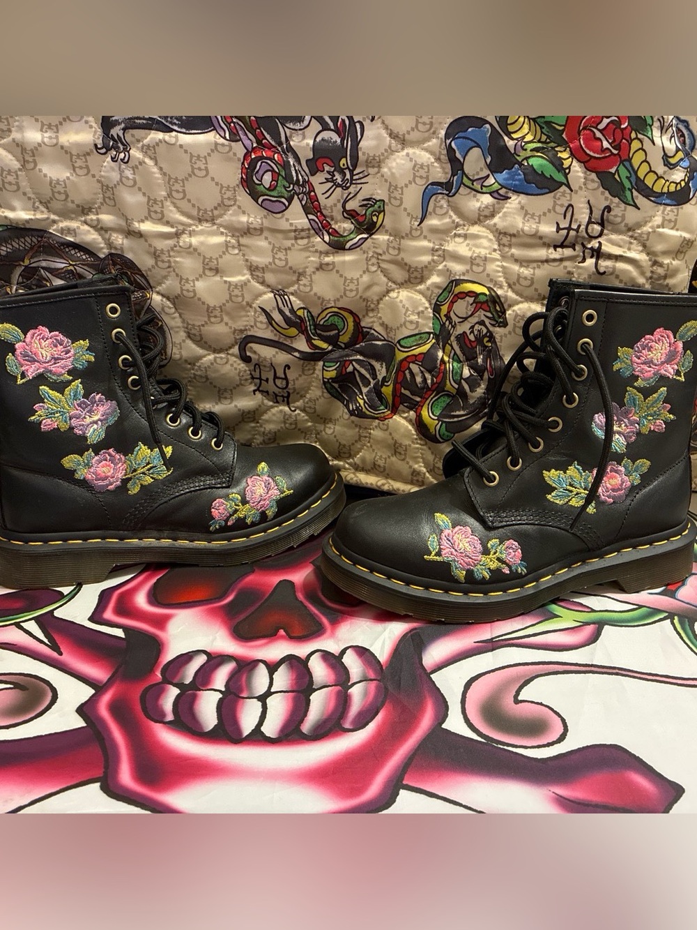 Dr. Martens Black Lace-Up Boots with Pink Floral Embroidery